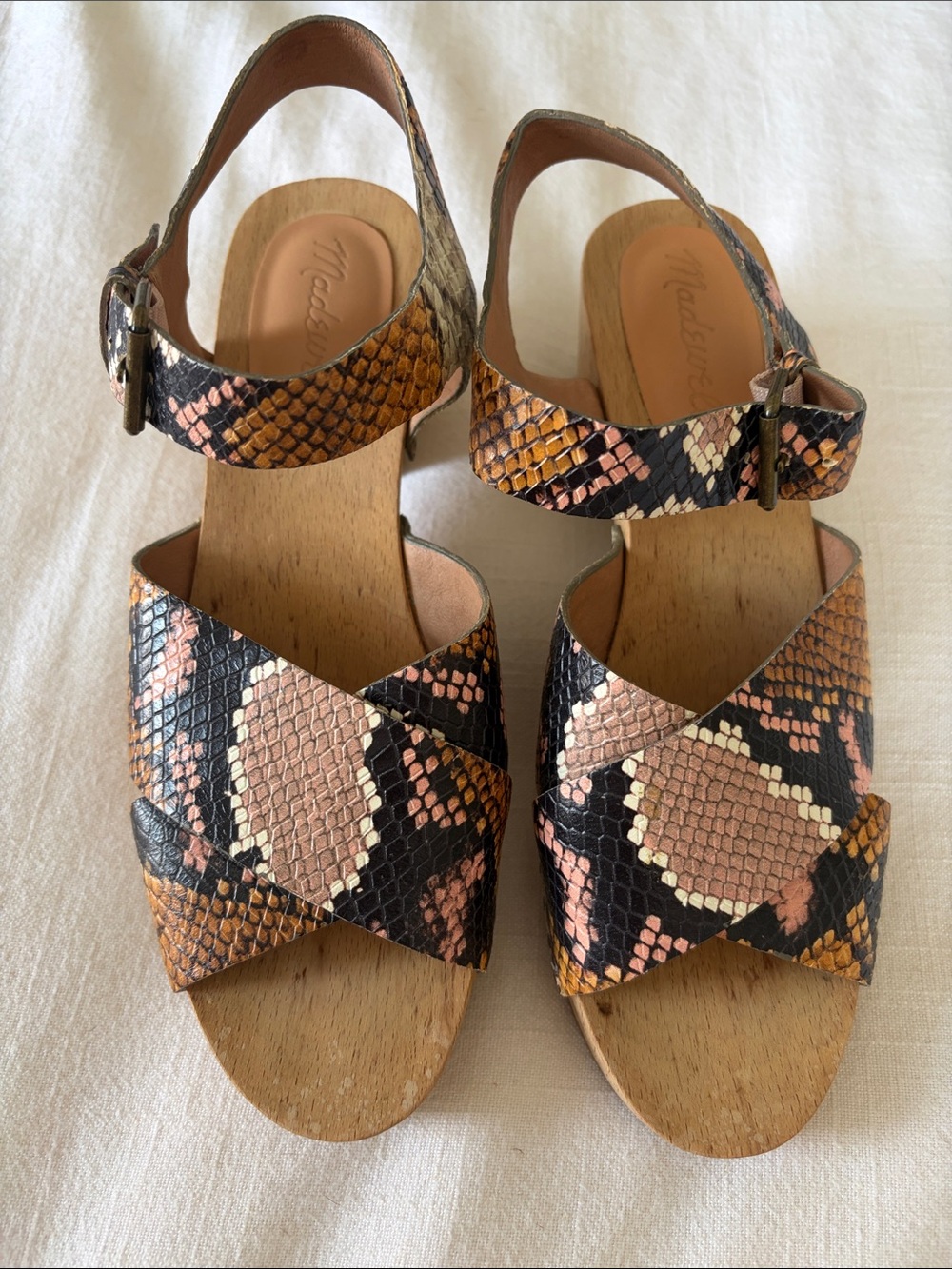 Madewell Snake-Print Cross-Strap Sandals in Pink, Tan & Black